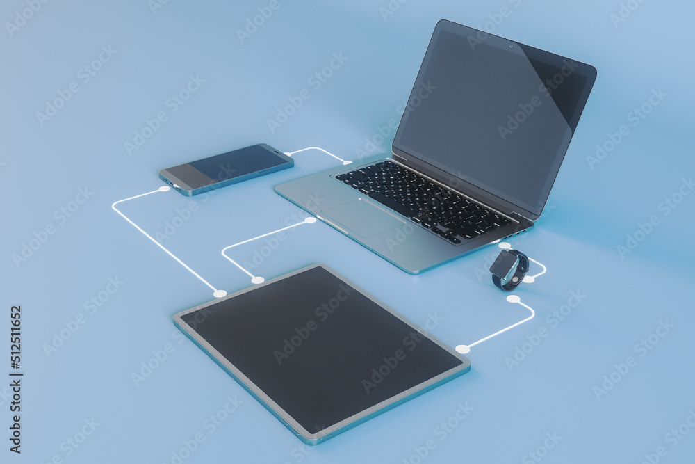 Poster wireless connection and cloud data exchange concept with perspective view on modern laptop, smartpho