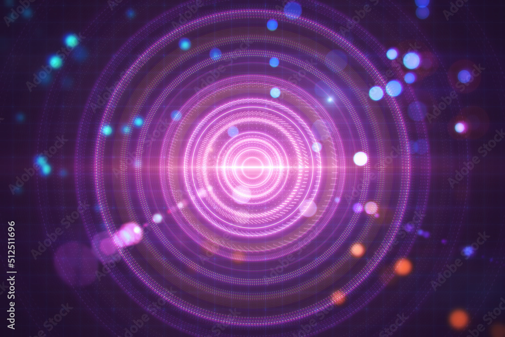 Aufkleber Creative blurry dark lens or round interface texture with grid and blurry bokeh circles. Space, sci fi and flare concept. 3D Rendering.