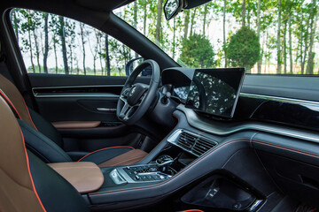Modern interior shot of a  car.steering wheel, shift lever and multimedia screen.