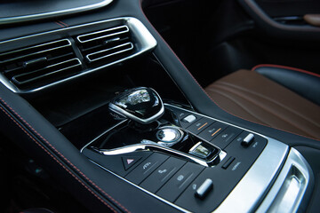 Close-up view of the automatic gearbox lever. Interior car, automatic transmission gearshift stick