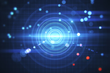 Obraz premium Creative blurry dark lens or round interface wallpaper with grid and blurry bokeh circles. Space, sci fi and flare concept. 3D Rendering.