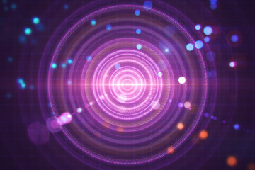 Creative blurry dark lens or round interface texture with grid and blurry bokeh circles. Space, sci fi and flare concept. 3D Rendering.