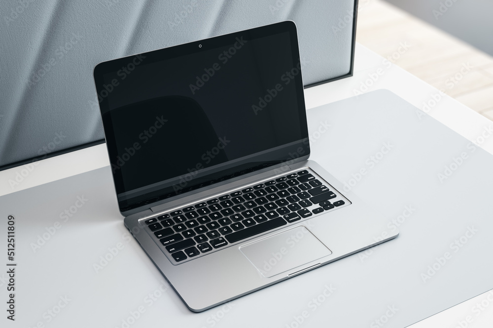 Poster close up and top view of creative white designer workplace with blank mock up laptop computer screen