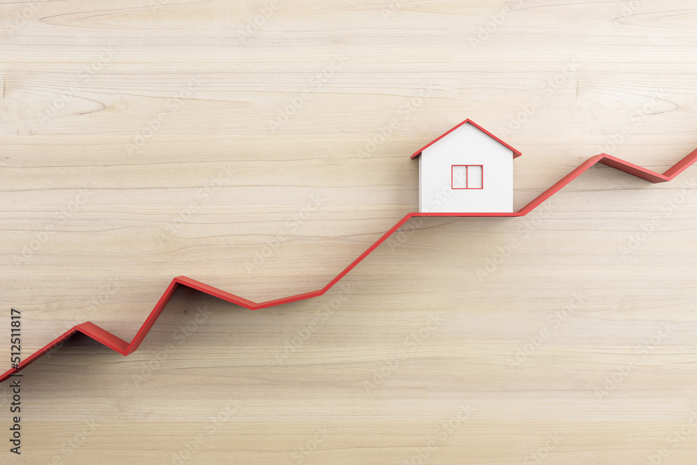 Poster abstract house on blue chart line and wooden wall background with mock up place. property investment