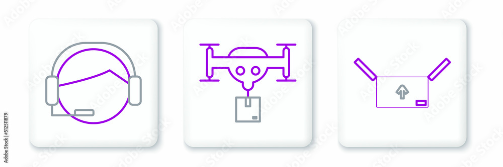 Poster set line cardboard box with traffic symbol, support operator in touch and delivery drone the package