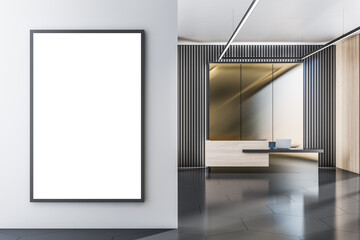 Front view on blank white poster with place for your logo or text on light grey wall in sunlit spacious office on modern dark style reception desk background. 3D rendering, mock up