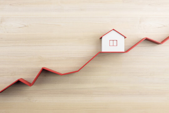 Abstract house on blue chart line and wooden wall background with mock up place. Property investment concept. 3D Rendering.