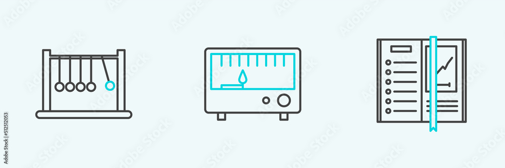 Poster set line notebook, pendulum and electrical measuring instruments icon. vector