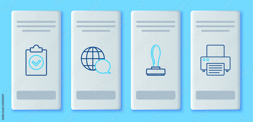 Poster set line world map made from speech bubble, stamp, completed task and printer icon. vector