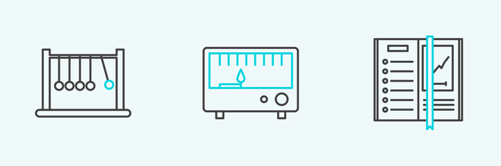 Set line Notebook, Pendulum and Electrical measuring instruments icon. Vector