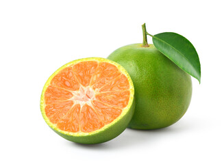 Tangerine orange with cut in half isolated on white background. Clipping path.