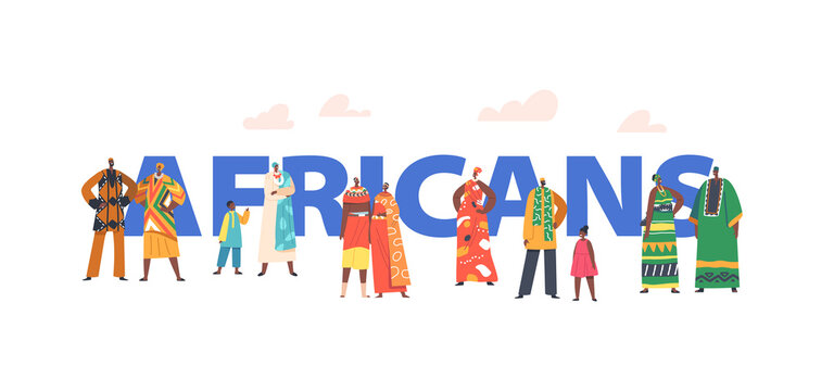 Africans Concept. African People in Traditional Clothes, Adult and Children Characters in Colorful National Costumes