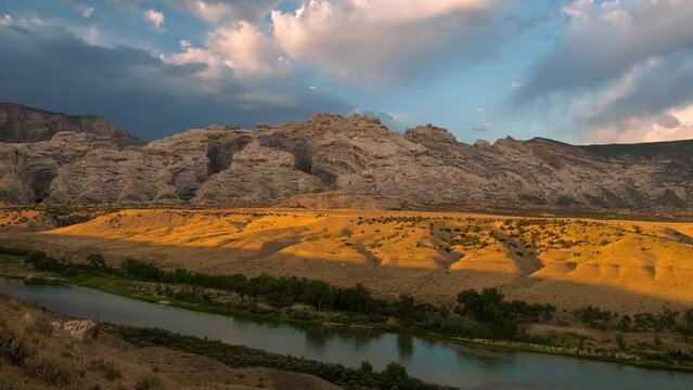 Time lapse over Split Mountain during sunset looking over the Green River in Dinosaur National Monument in Utah.