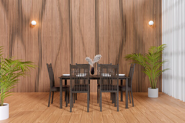 3d rendered dinning room with wood floor and decorative wood panel.