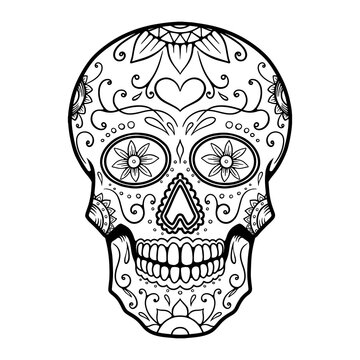 Illustration of mexican sugar skull. Design element for emblem, sign, poster, package design. Vector illustration