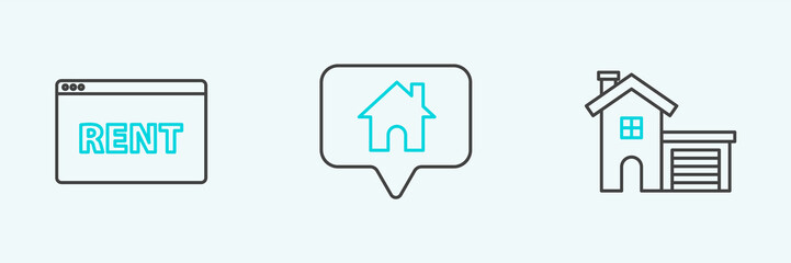 Set line House, Hanging sign with text Online Rent and Map pointer house icon. Vector