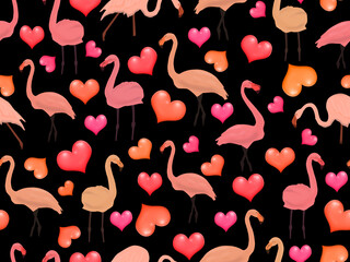 seamless pattern with pink flamingos and hearts on a black background.