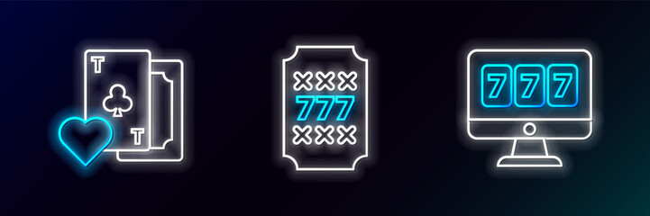 Set line Online slot machine with lucky sevens jackpot, Playing card clubs symbol and Slot icon. Glowing neon. Vector