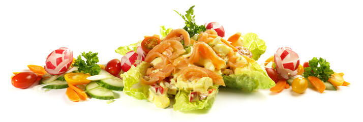 Low Carb Egg Salad with Mayonnaise, Salmon and Vegetables. Panorama isolated on white Background.