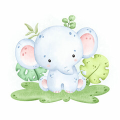 Watercolor baby elephant and tropical leaves sitting in the garden