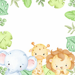 Watercolor baby safari animals and tropical leaves frame © Stella