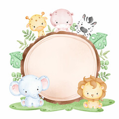 Watercolor baby safari animals and wooden board sign  © Stella