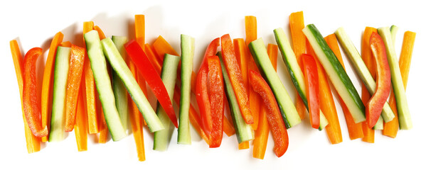 Vegetable Sticks as Carrot, Cucumber, Pepper - Crudites Snacks isolated on white Background - obrazy, fototapety, plakaty