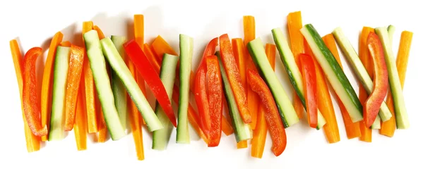 Foto auf Acrylglas Frisches Gemüse Vegetable Sticks as Carrot, Cucumber, Pepper - Crudites Snacks isolated on white Background