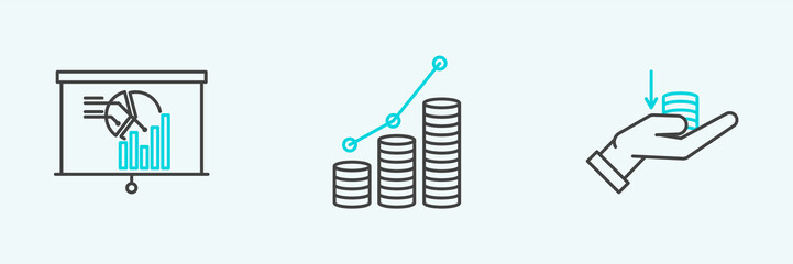 Set line Money on hand, Board with graph chart and Pie infographic coin icon. Vector