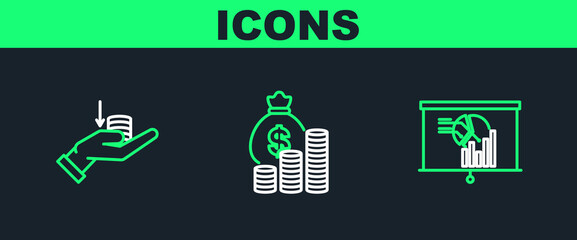 Set line Board with graph chart, Money on hand and bag coin icon. Vector