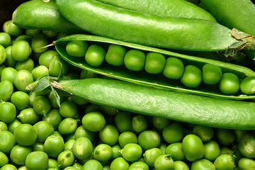 green peas in detail as a background, the concept of fresh vegetables and healthy food