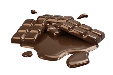 3D Rendering of melting chocolate bar isolated on white background for commercial design. 3D Render illustration cartoon style.