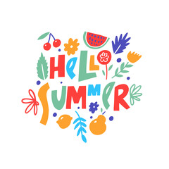 Fototapeta na wymiar Hello Summer lettering phrase. Hand drawn colorful modern typography.