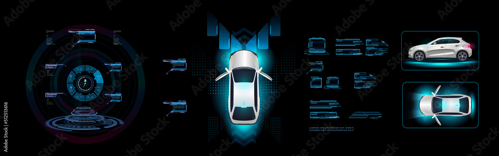 Poster futuristic car interface. car with navigation pad on hud digital holographic screen. smart car contr