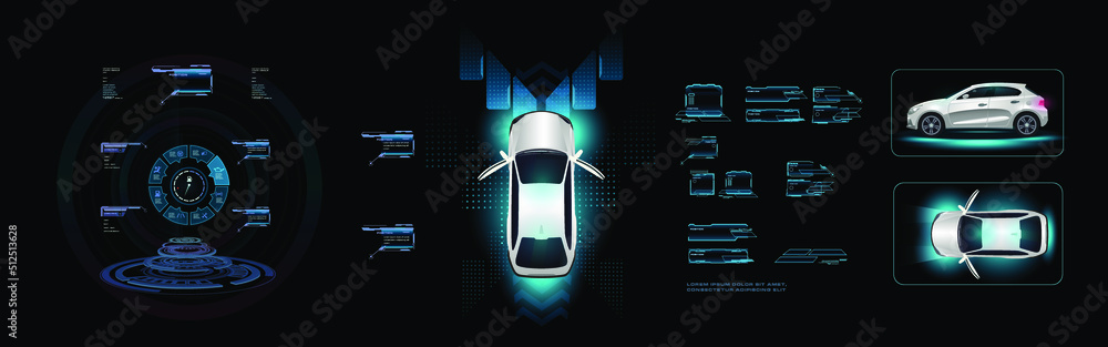Poster futuristic car interface. car with navigation pad on hud digital holographic screen. smart car contr