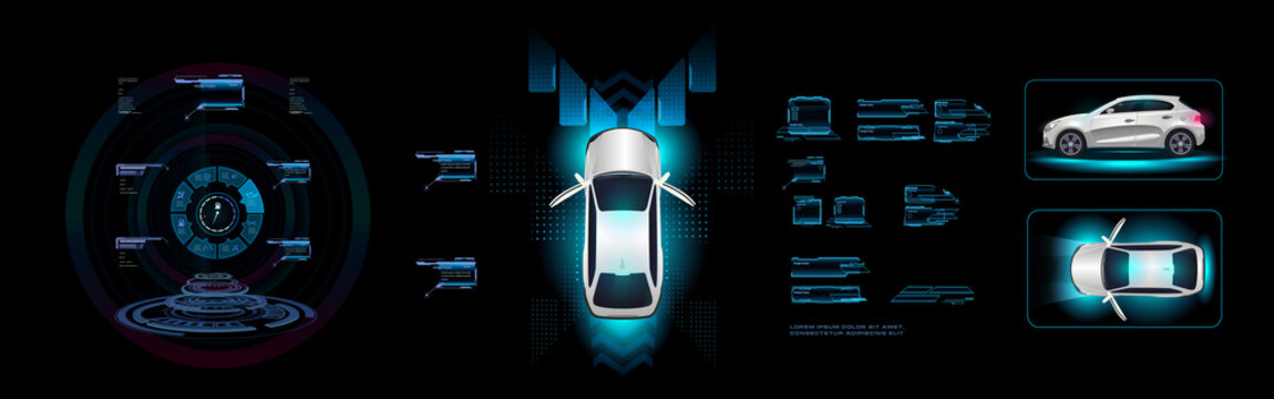Futuristic car interface. Car with navigation pad on HUD digital holographic screen. Smart car control settings. Vehicle system with electronic digital navigation panel - Powered by Adobe