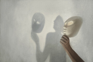 surreal shadow on the wall of a person who takes off the mask from his face, concept of truth and fiction - obrazy, fototapety, plakaty
