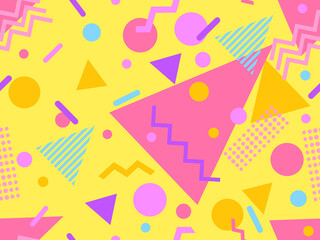 Geometric seamless pattern with memphis elements in 80s style. Colorful geometric pattern. Design of promotional products, wrapping paper and printing. Vector illustration