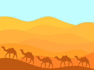 Fototapeta na wymiar Desert landscape with contours of camels. Camel caravan walks among the sand dunes in a minimalist style. Design for printing booklets, banners and posters. Vector illustration