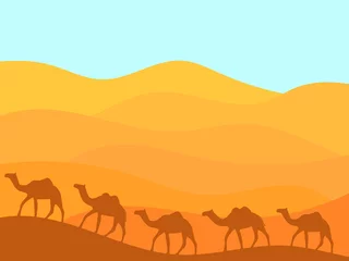 Gordijnen Woestijnlandschap met contouren van kamelen. Kameelkaravaan loopt in minimalistische stijl tussen de zandduinen. Ontwerp voor het afdrukken van boekjes, banners en posters. vector illustratie © andyvi