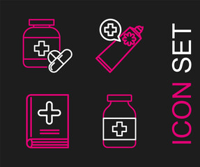 Set line Medicine bottle, Medical book, Ointment cream tube medicine and and pills icon. Vector