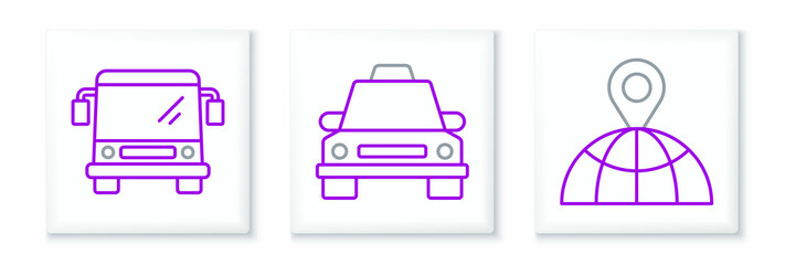 Set line Location on the globe, Bus and Taxi car icon. Vector
