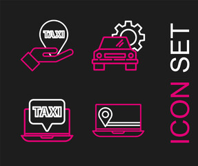 Set line Laptop with location marker, call taxi service, Car and Hand map pointer icon. Vector