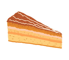 Cake, a piece of cake, layered with chocolate and cream, color drawing, on a transparent background
