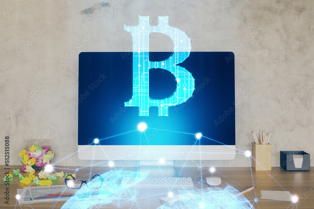 Aufkleber double exposure of blockchain and crypto economy theme hologram and table with computer background. 