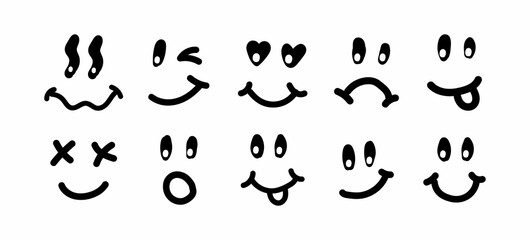 Y2k smile vintage illustration. Retro psychedelic melt smile face logo. Dripping smile. Good mood. Positive emoji sticker. Vector groovy emoji face. Face symbol.