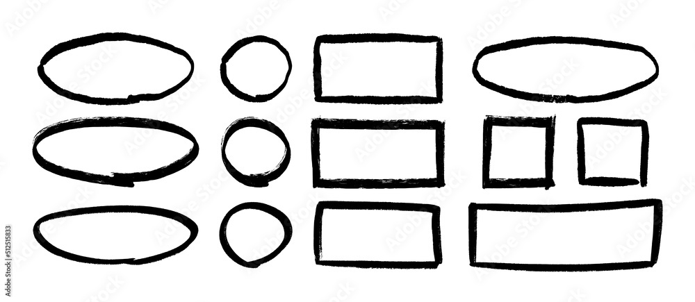 Poster grunge hand drawn circles, rectangles and ovals. collection of textured highlight circle and square 