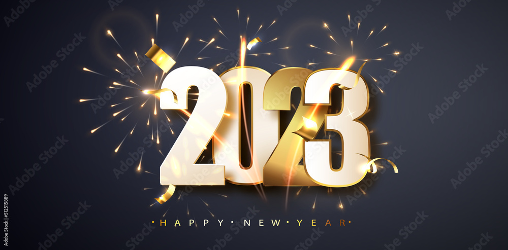 Poster happy new year 2023. greeting new year banner with numbers date 2023 on the background of fireworks.