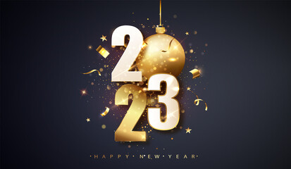 Happy new year 2023. Festive design with Christmas decorations, balls, streamer and glitter.