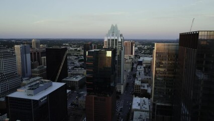 Aerial view towards the 515 Congress building, in Austin, USA, during sunset